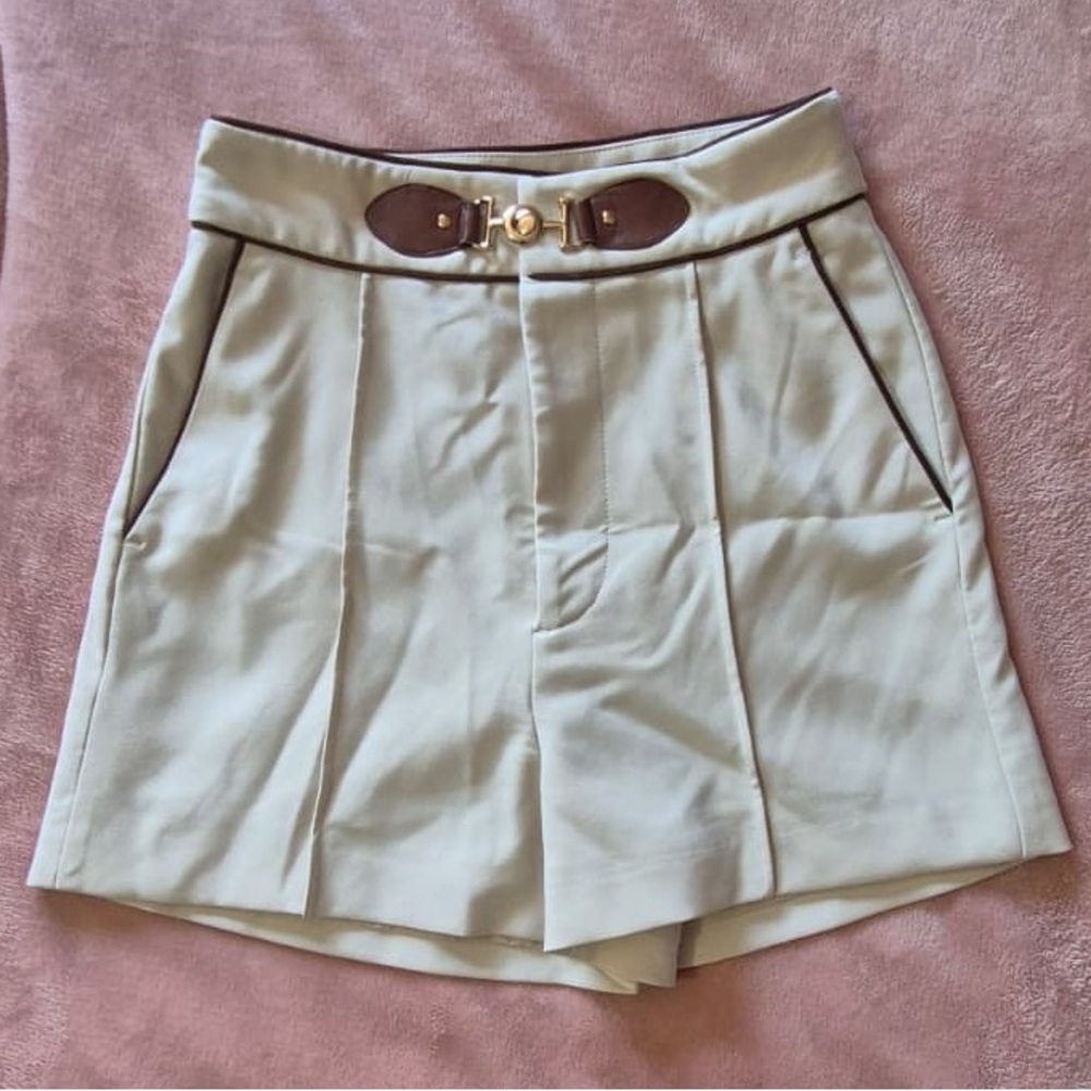 MOTF Cream Pleated Skort with Brown Trim and Gold Buckle
